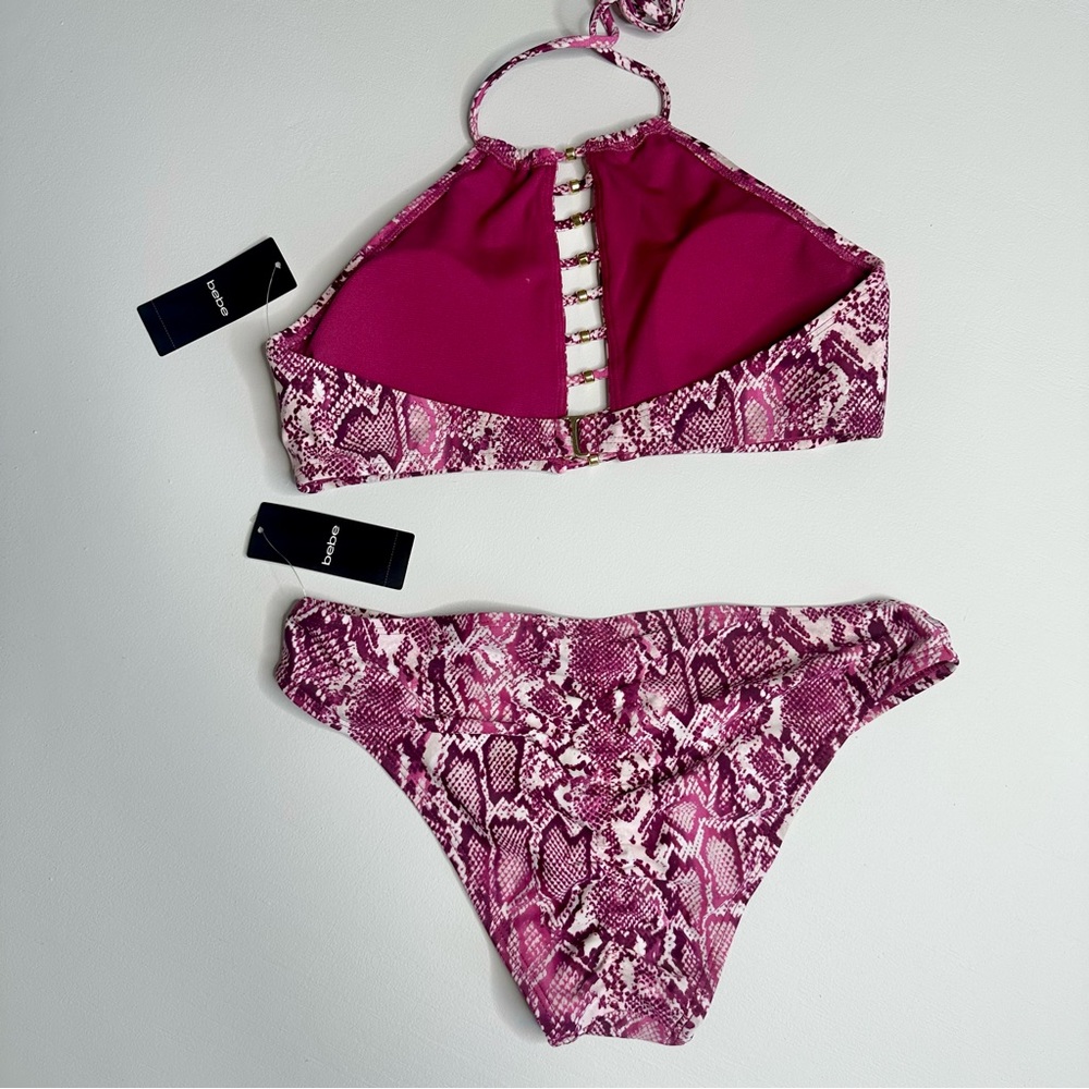 Bebe Pink Snake Print Halter Bikini Swim Set - Picture 5 of 12